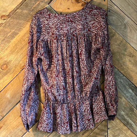 Rebecca Minkoff 100% Silk Maroon & Black Print Peplum Blouse Sz.S - Picture 7 of 10